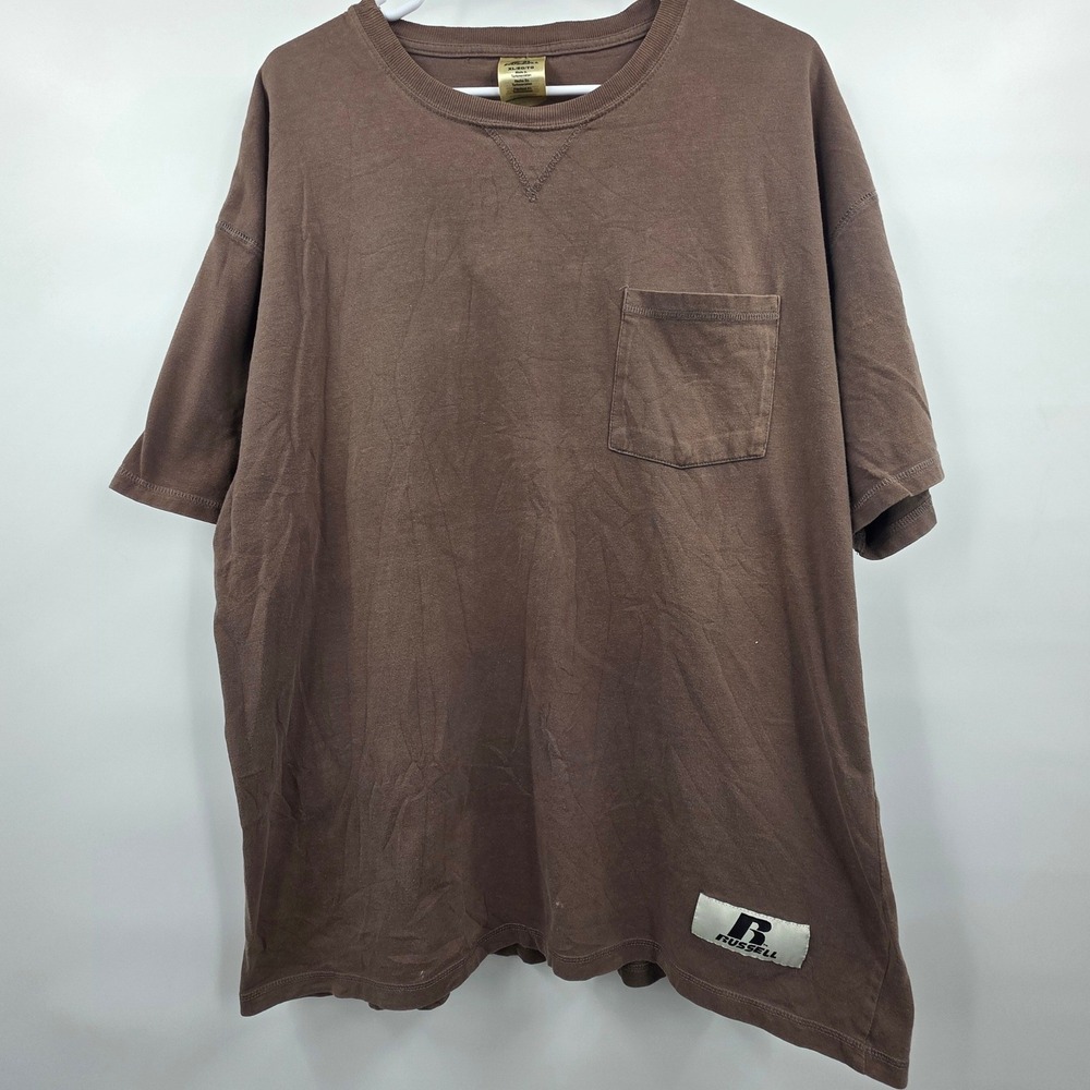 RUSSELL ATHLETICS VINTAGE SHIRT MENS XL BROWN POCKET LOGO PATCH 100% COTTON BOXY